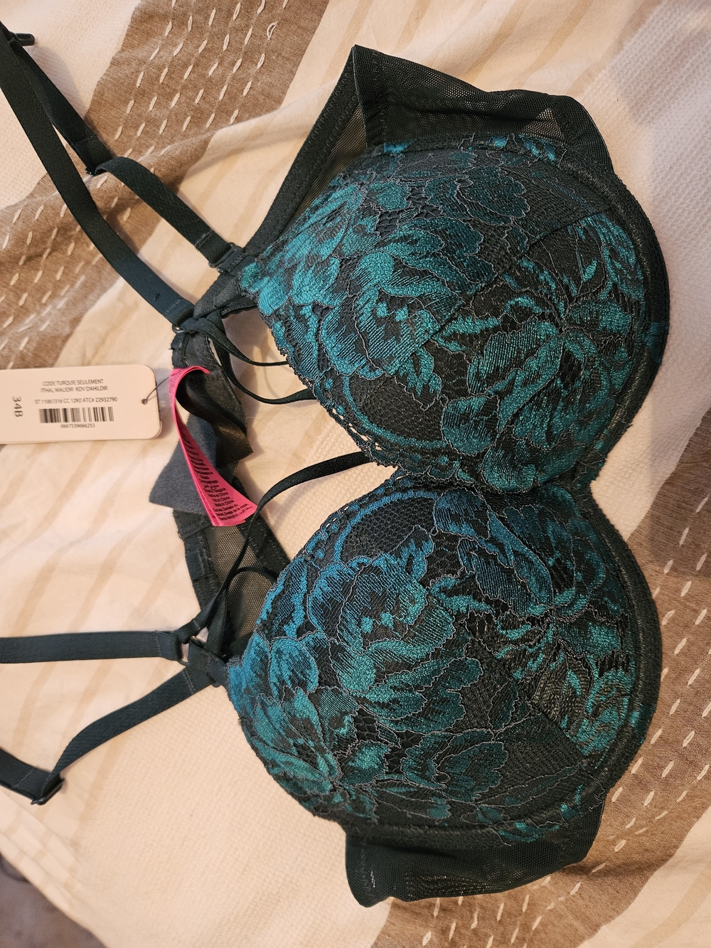 Lace Overlay Teal and Black Push-Up Bra 34B - Women Intimates